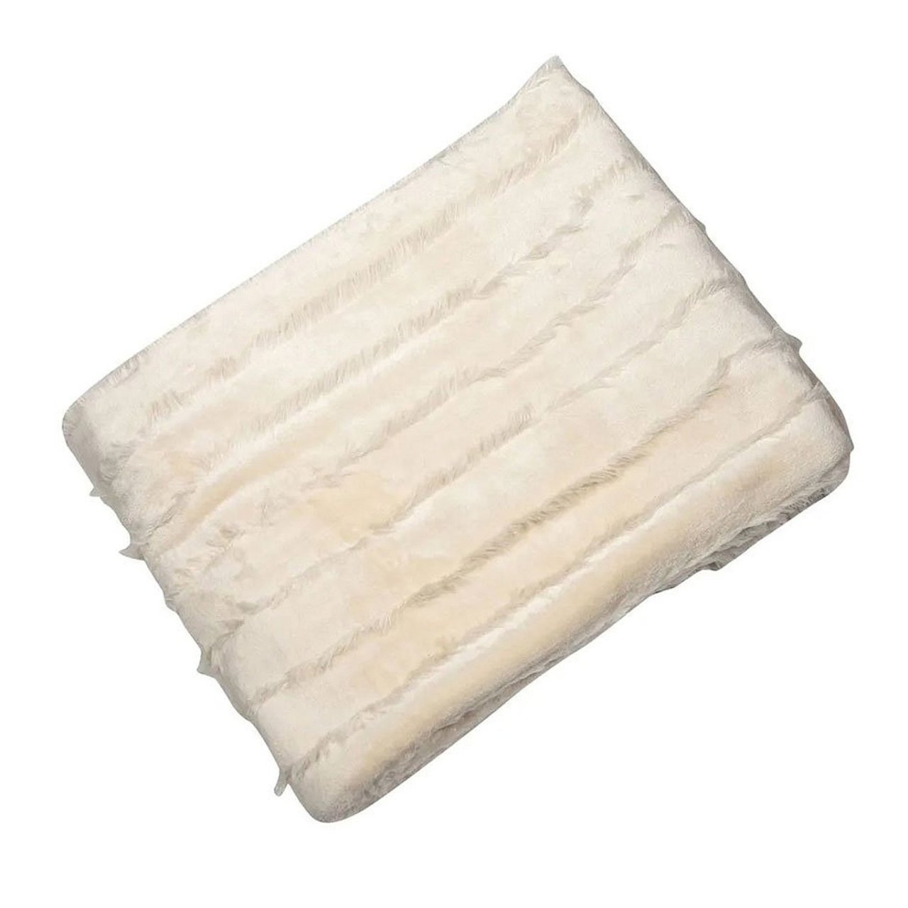 The Voyage throw in Ivory, folded into a compact shape with the fluffy, fur-like fabric clearly seen