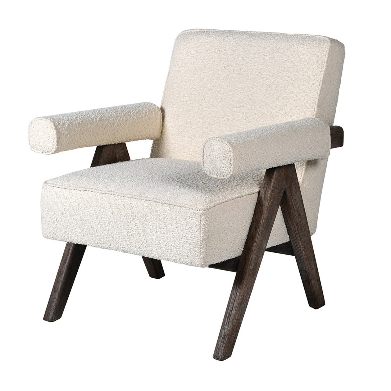 Full view of the Armchair in white boucle with wooden legs and frame and rectangular seat and backrest. 