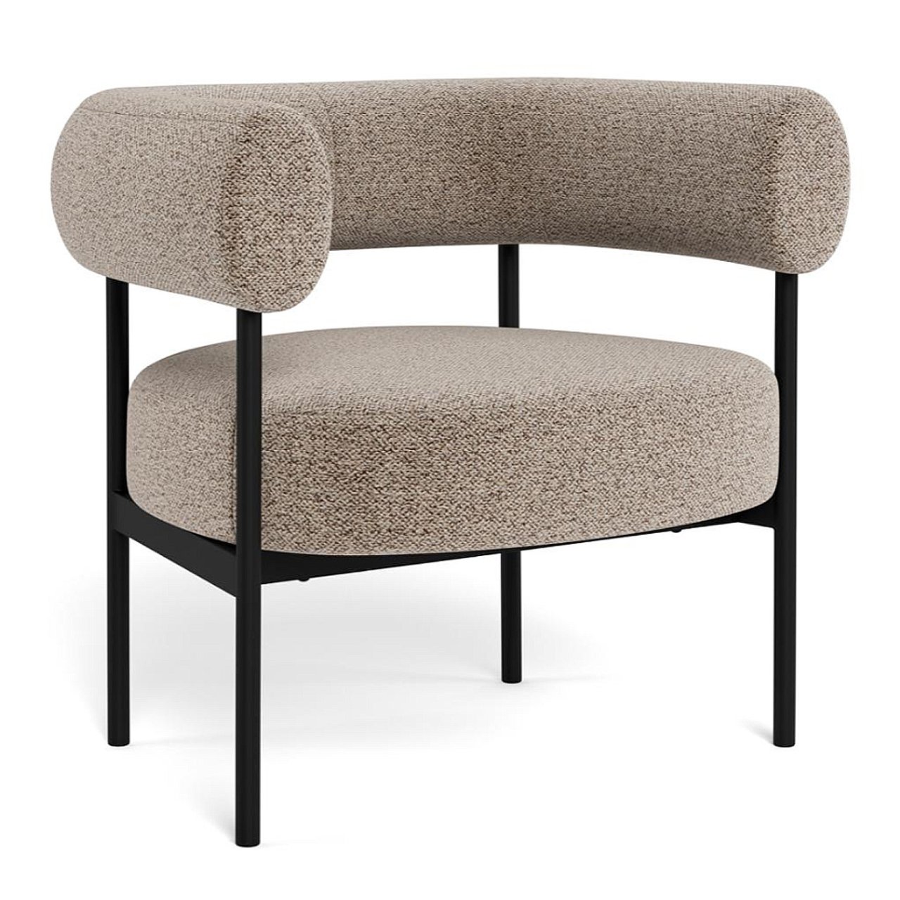 Angled view of the beige armchair showing off its black metal frame and modern design