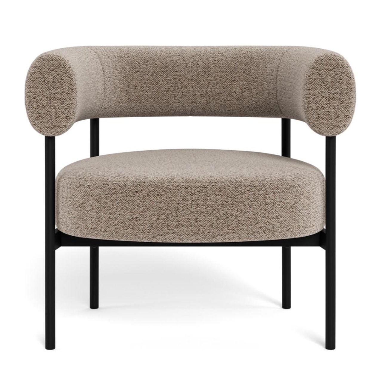 Front view of the armchair showing its wide seat and rounded shape