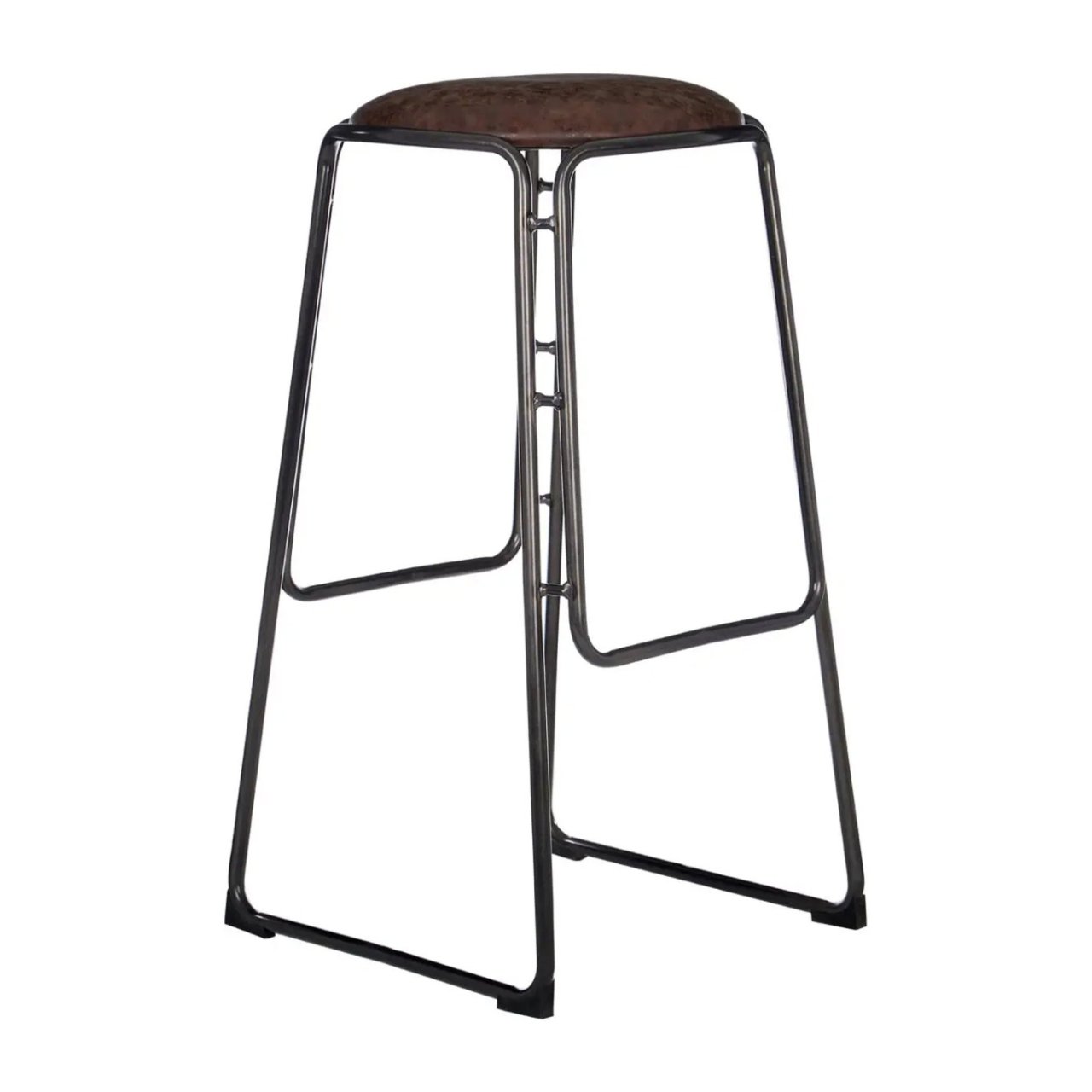 Angled view of the Dali bar stool shoing the conical shape of its legs and footrests as well as the cushioned seat 