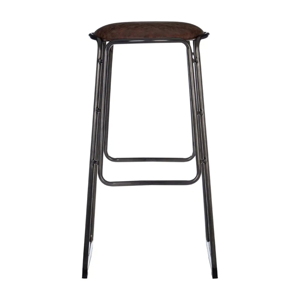 Full front view of the Dali bar stool showing the round metal frame and the cushioned mocha colour seat