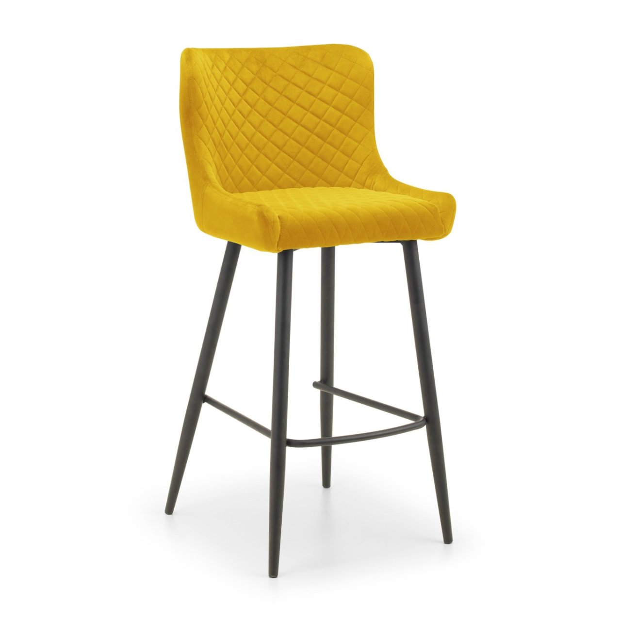 Angled view of the mustard Luxa Bar stool with a focus on its long and tapered black legs