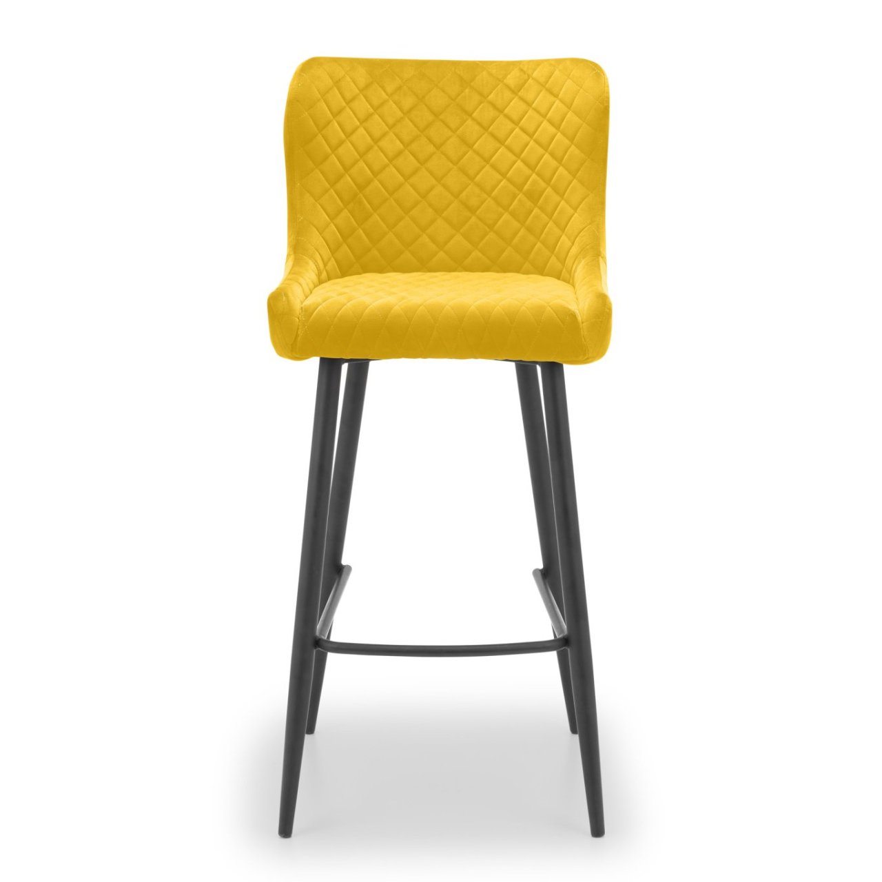 Front image of the Luxa bar stool showcasing its yellow seat and black legs