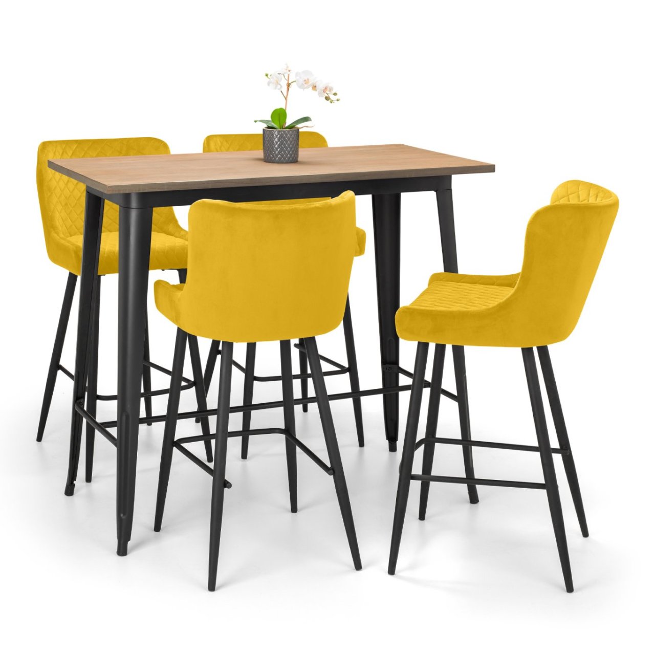 Photo of four Luxa bar stools in mustard yellow surrounding a tall table with black legs and an oak top