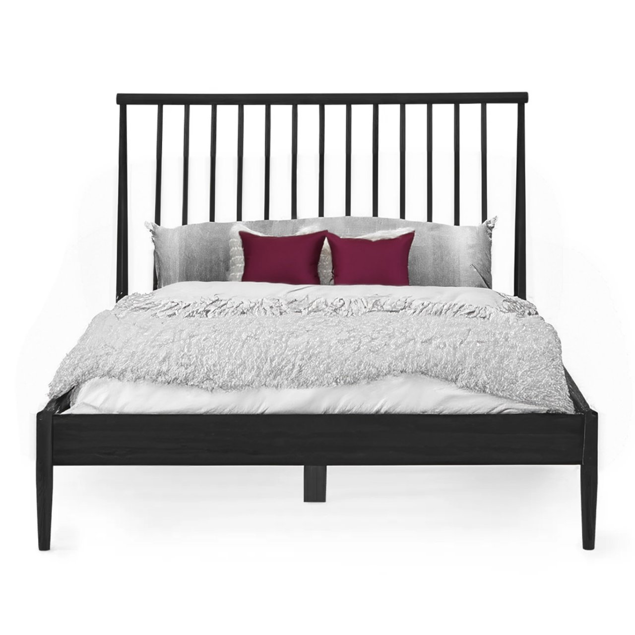 Front view of the spindle bed with black oak material