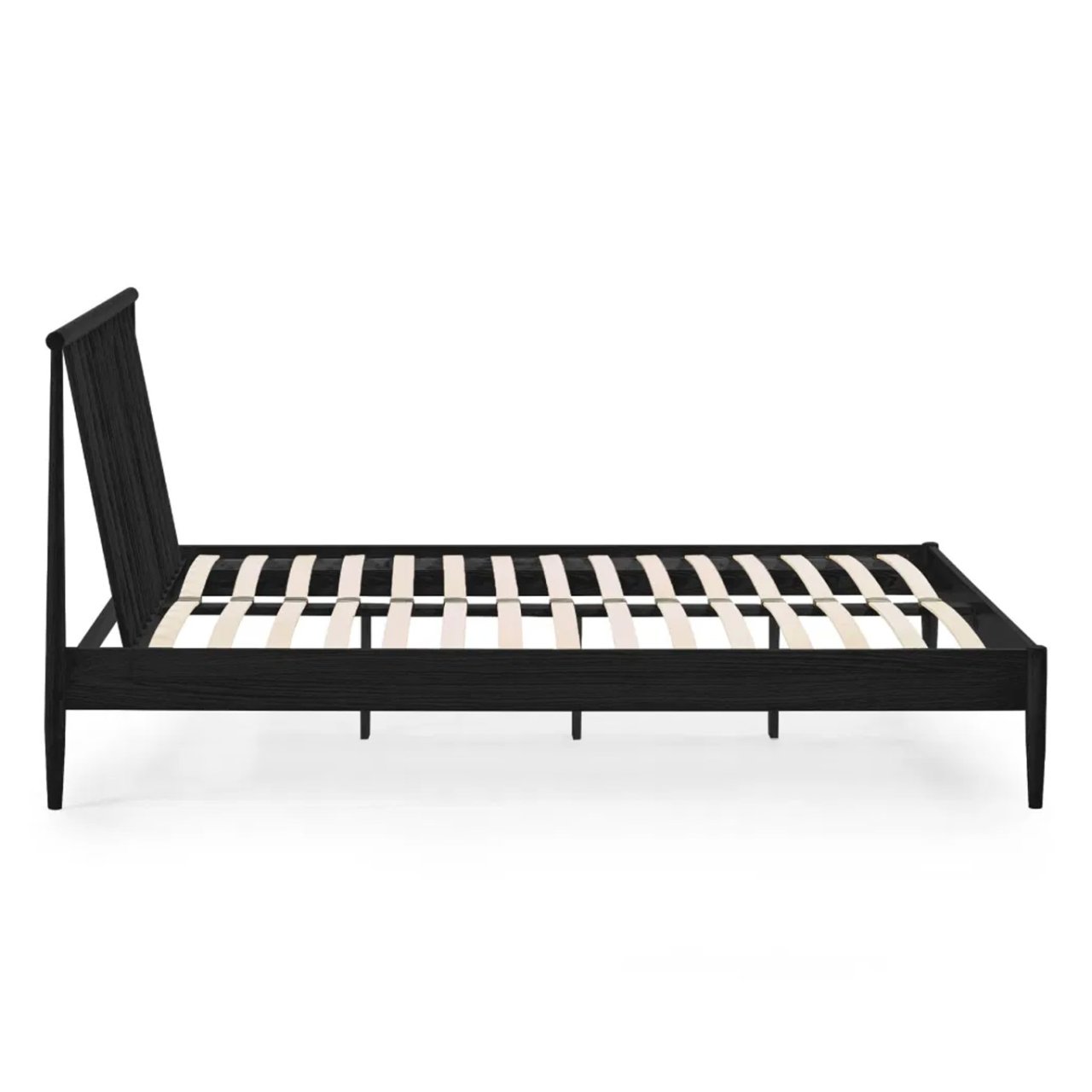 Side view of the black bed showing the angle at which the spindle stand creating a nice lean for relaxing in bed