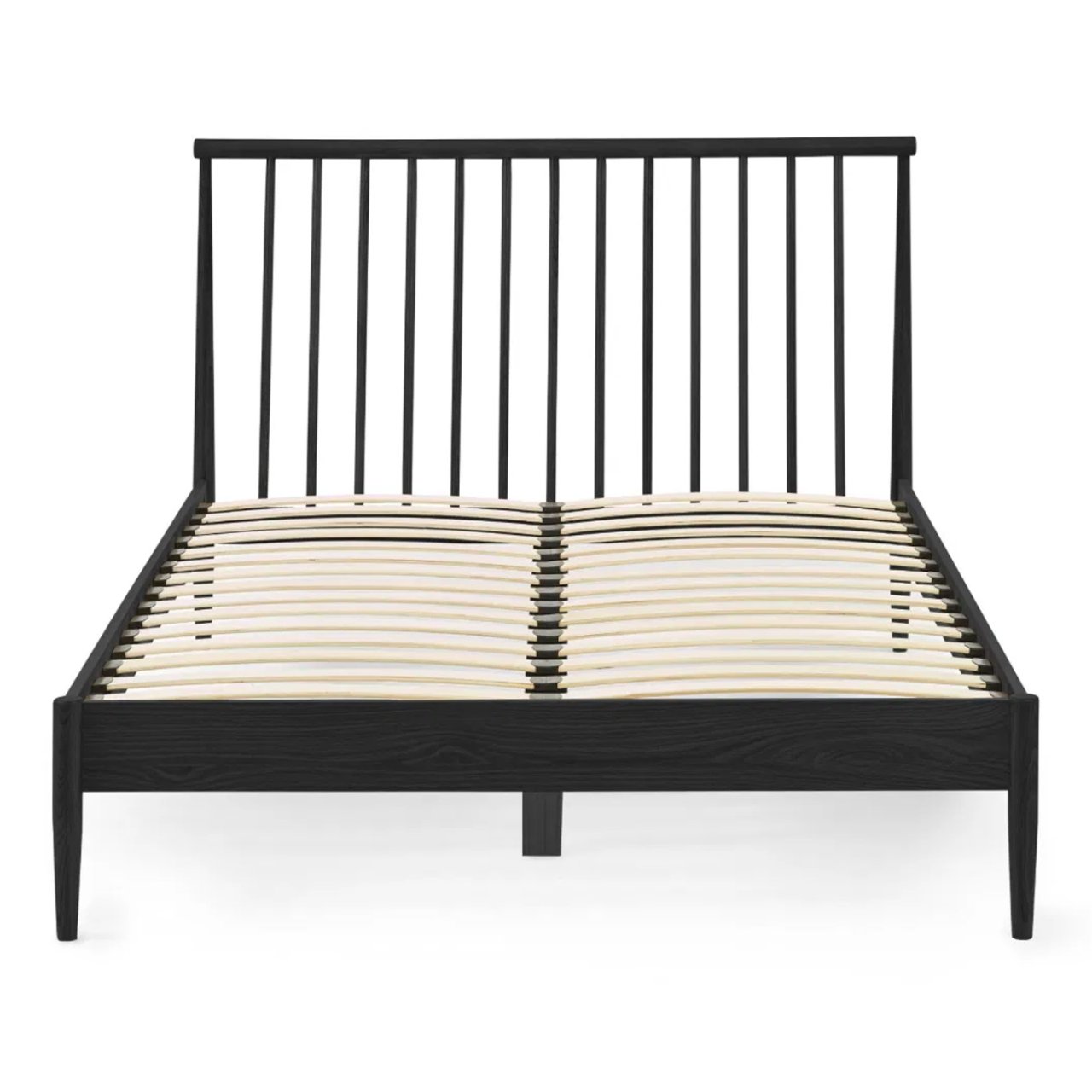 Front image of the black bed without mattress showcasing the wooden slats below