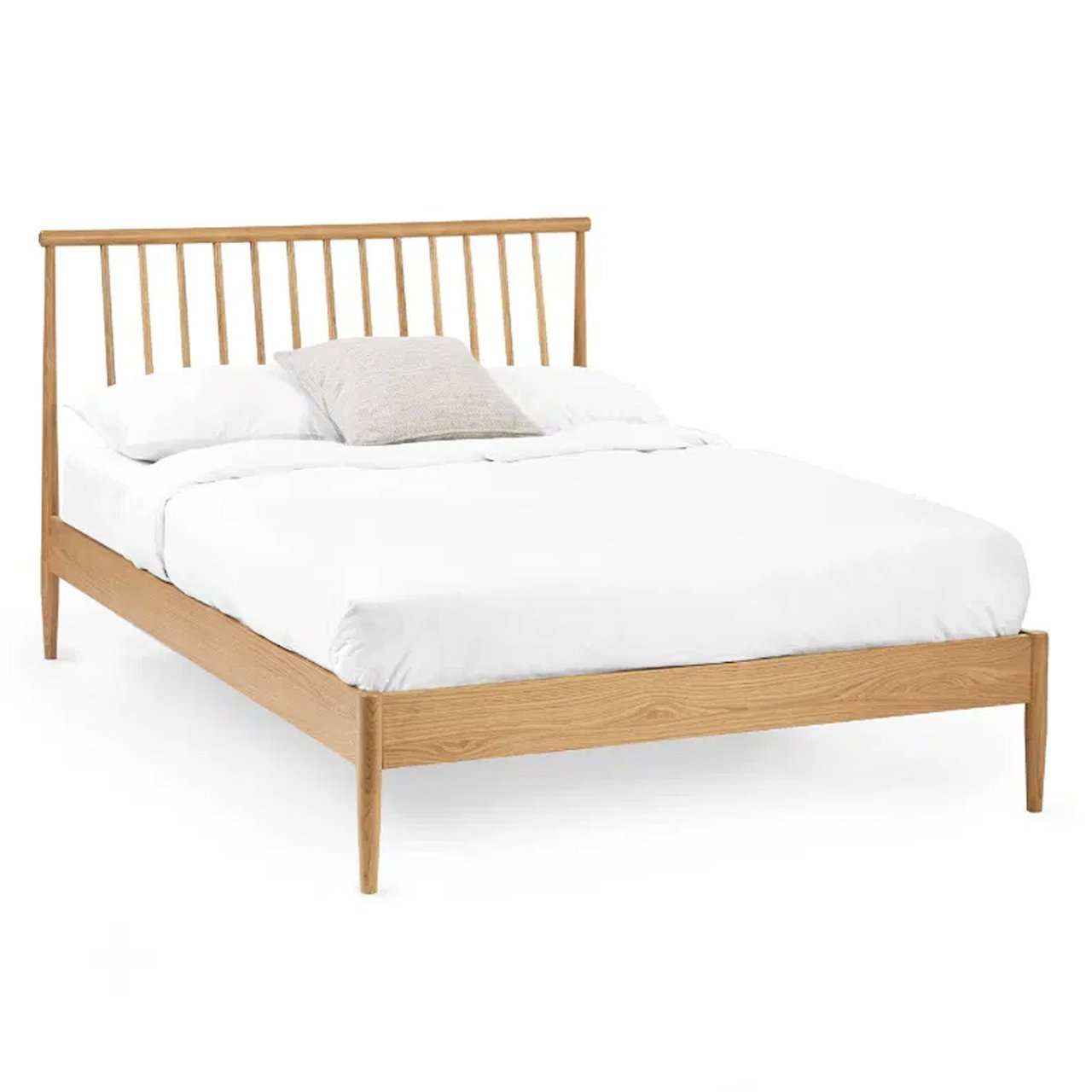Angled view of the set bed with spindle bedframe