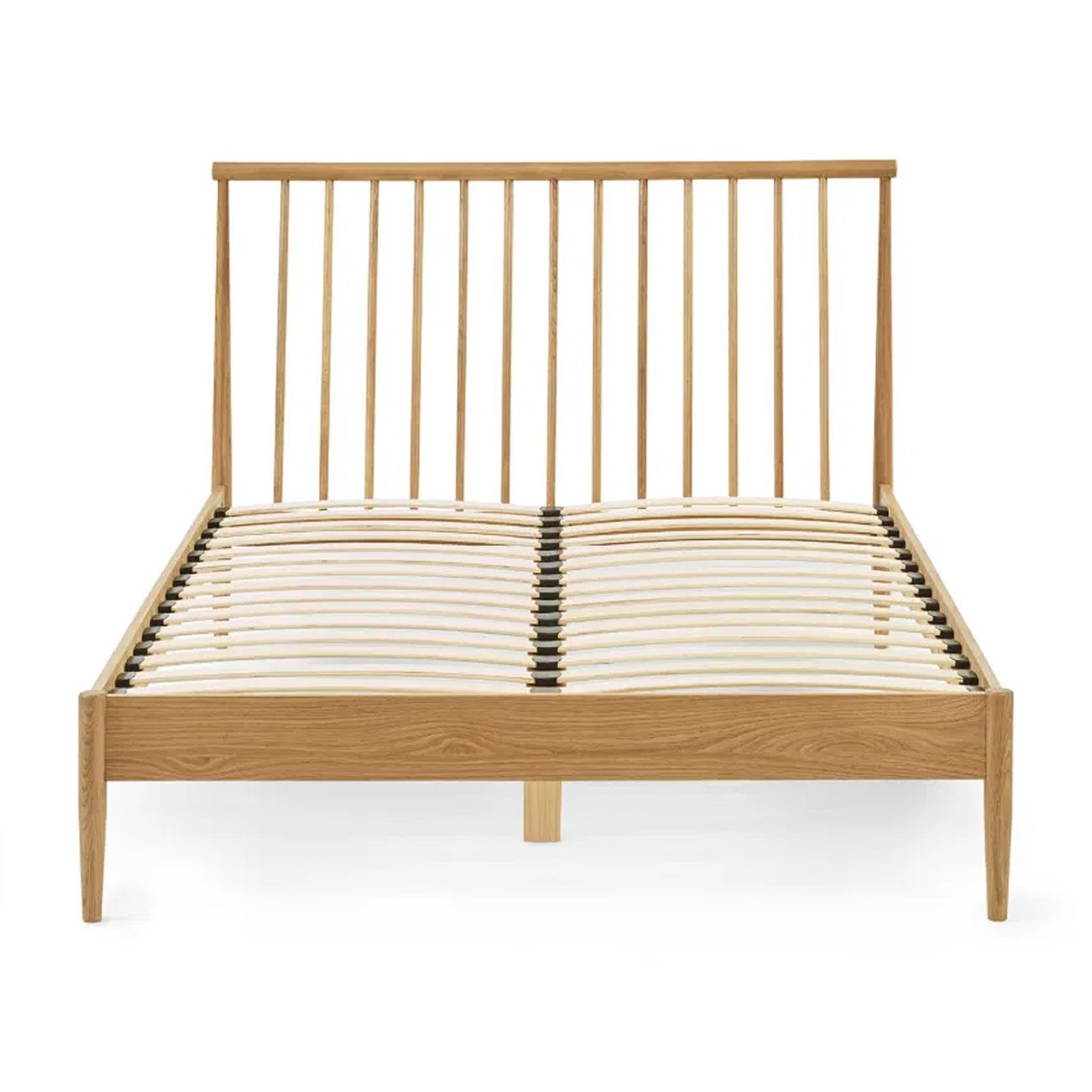 View of the bed without mattress showcasing the wooden slats and the elegant spindle design