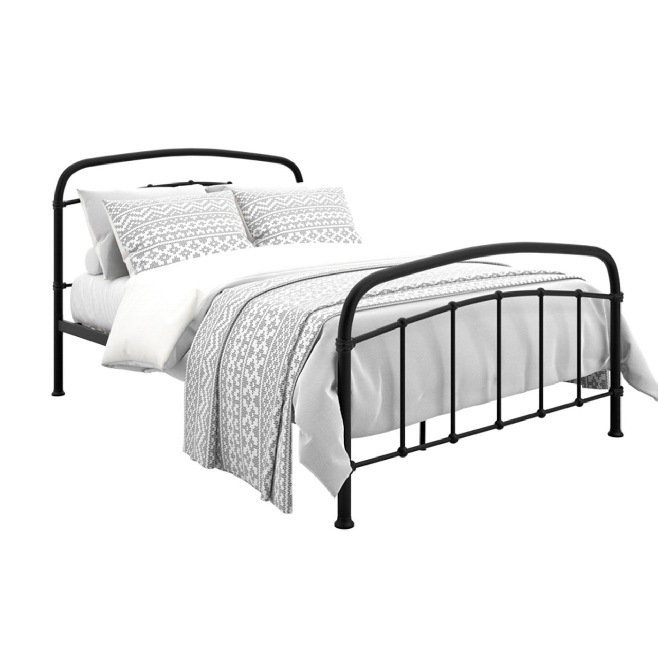 angled view of the beframe with a mattress and cushions on top