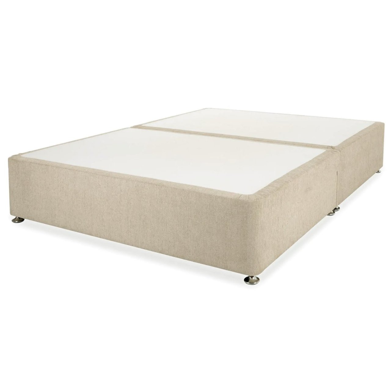 Full view of the kingsize bedframe in vanilla colour and chrome gliders at the corners