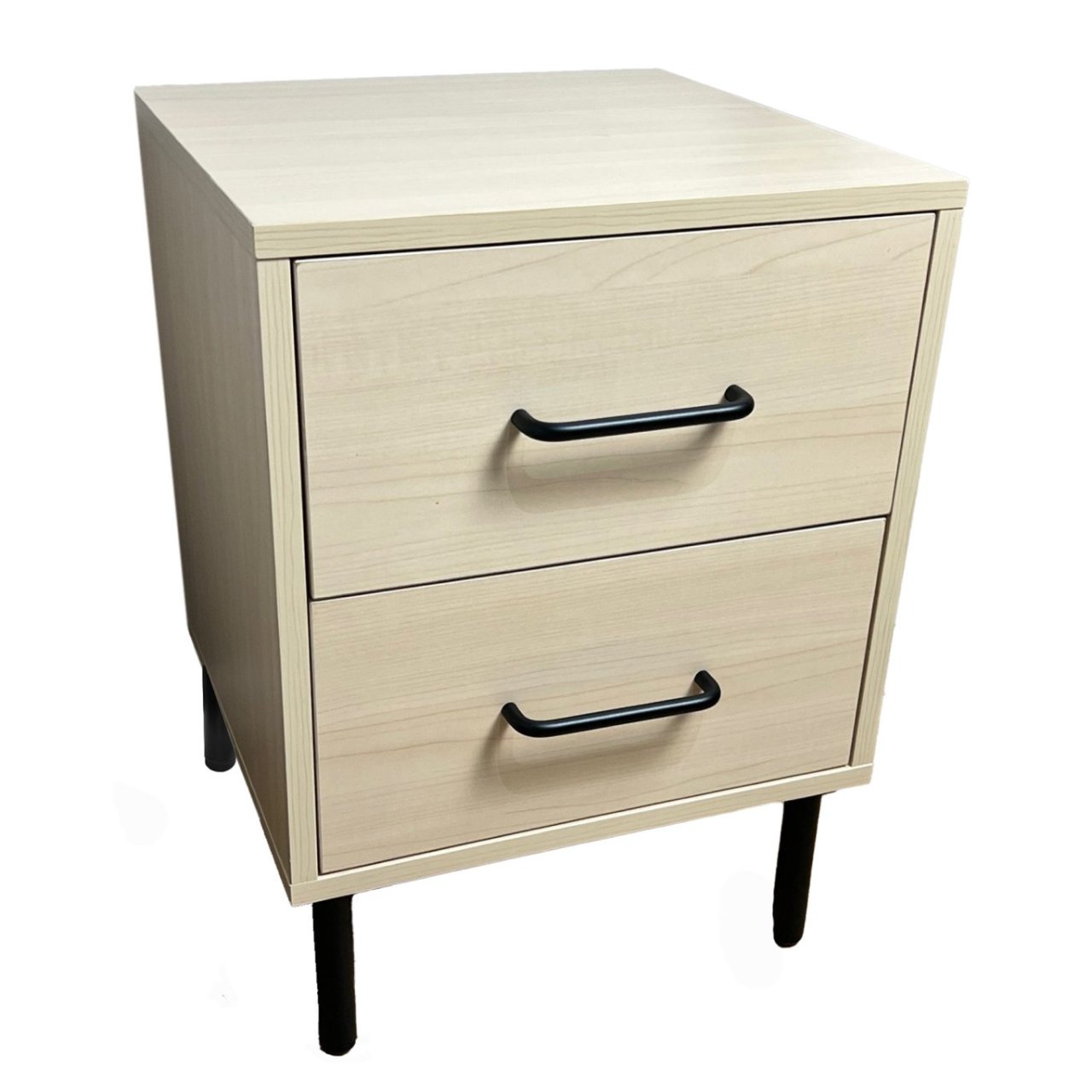 Top angled view of the William 2 drawer website in oak with black round legs and handles