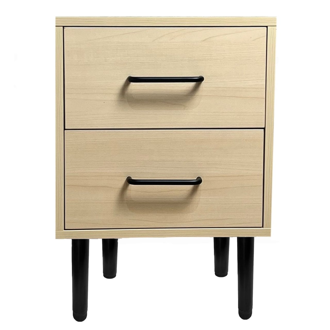 Front view of the William two drawer bedside showing its light oak effect and the contrasting black handles and legs