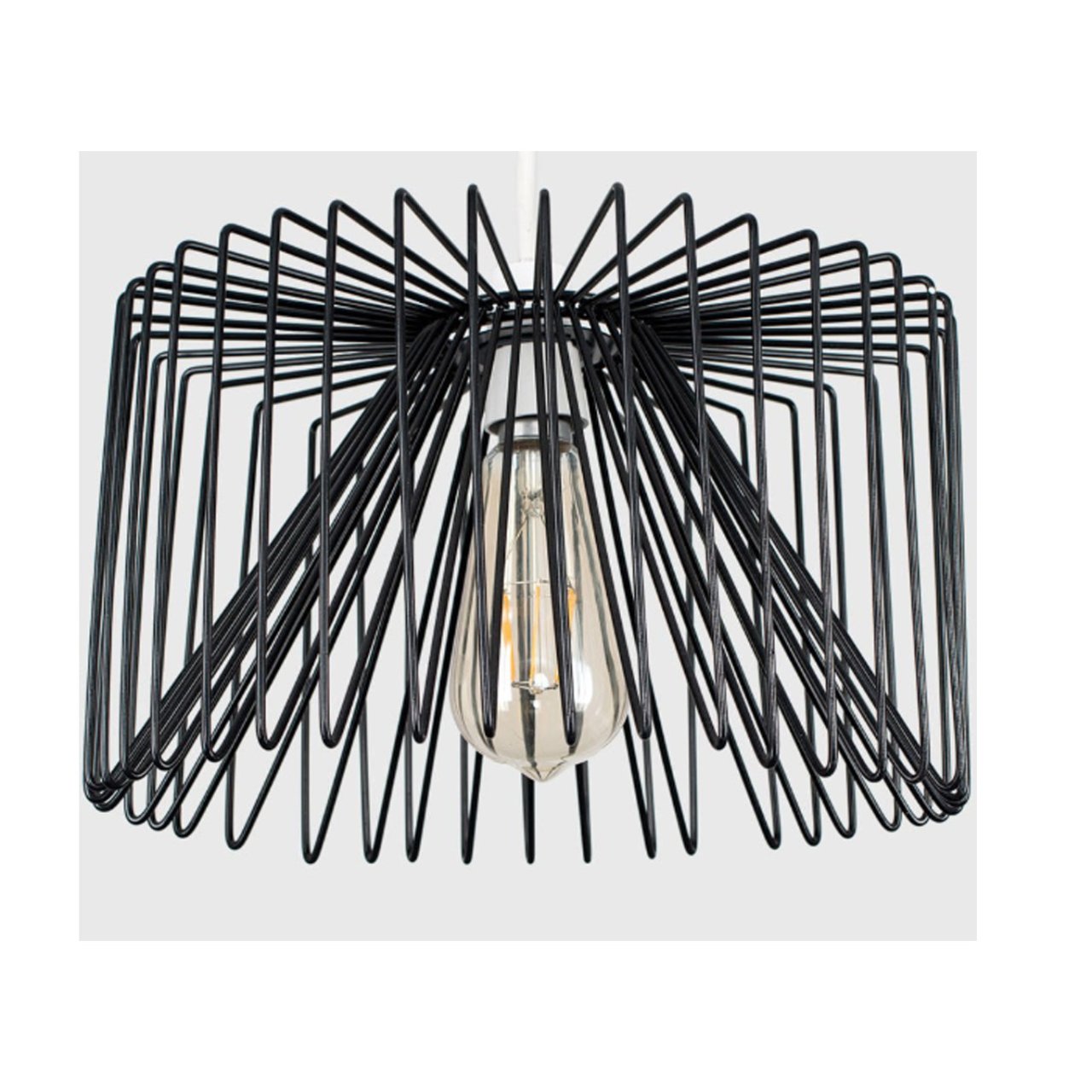 Image of a black metal ceiling shade with a light bulb in it. the metal is curved and thin, allowing light to pass through easily.