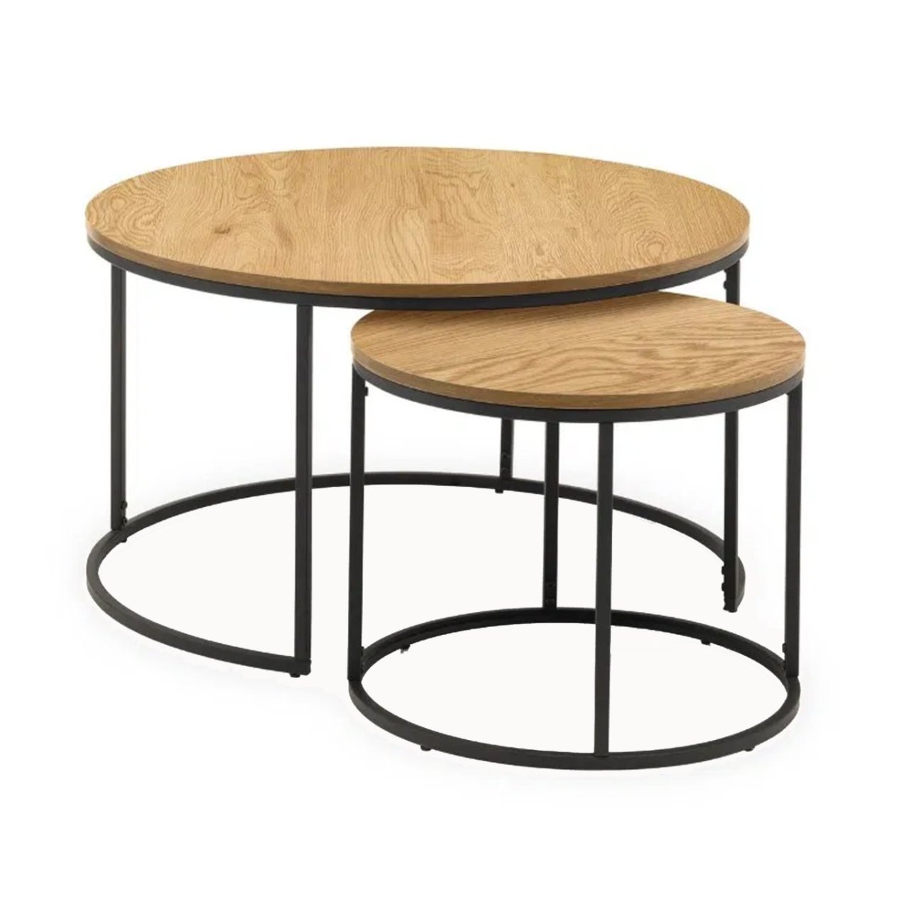 Full view of the Bernie coffee table nest with the tables stacked, showing the smaller coffee table partially fitted under the metal frame of the larger table