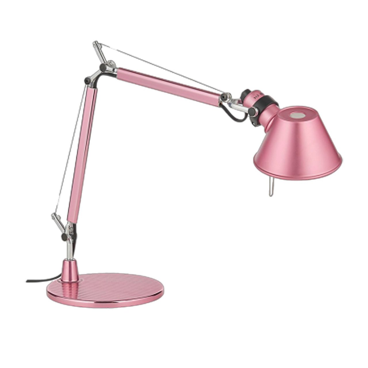 Full view of the metallic pink Tolomeo desk lamp, showcasing its conical shape and the adjustable arm connecting it to a round, pink base. 