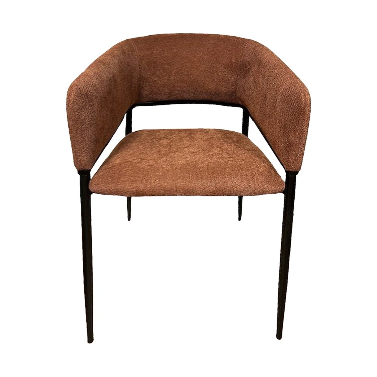 Front top view of the curvy dining chair in terracotta upholstery. It shows the semi-circle shaped back, separated from the cushioned seat