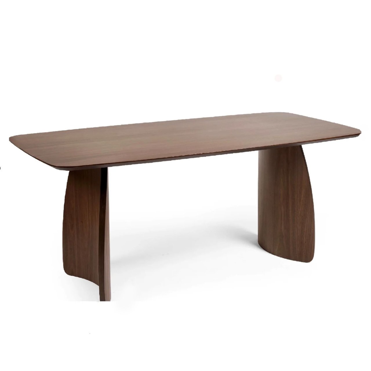 angled view of the dining table showing the beautiful curves on one of its legs. It is curved inwards and grows thinner as it goes up creating a dynamic shape 