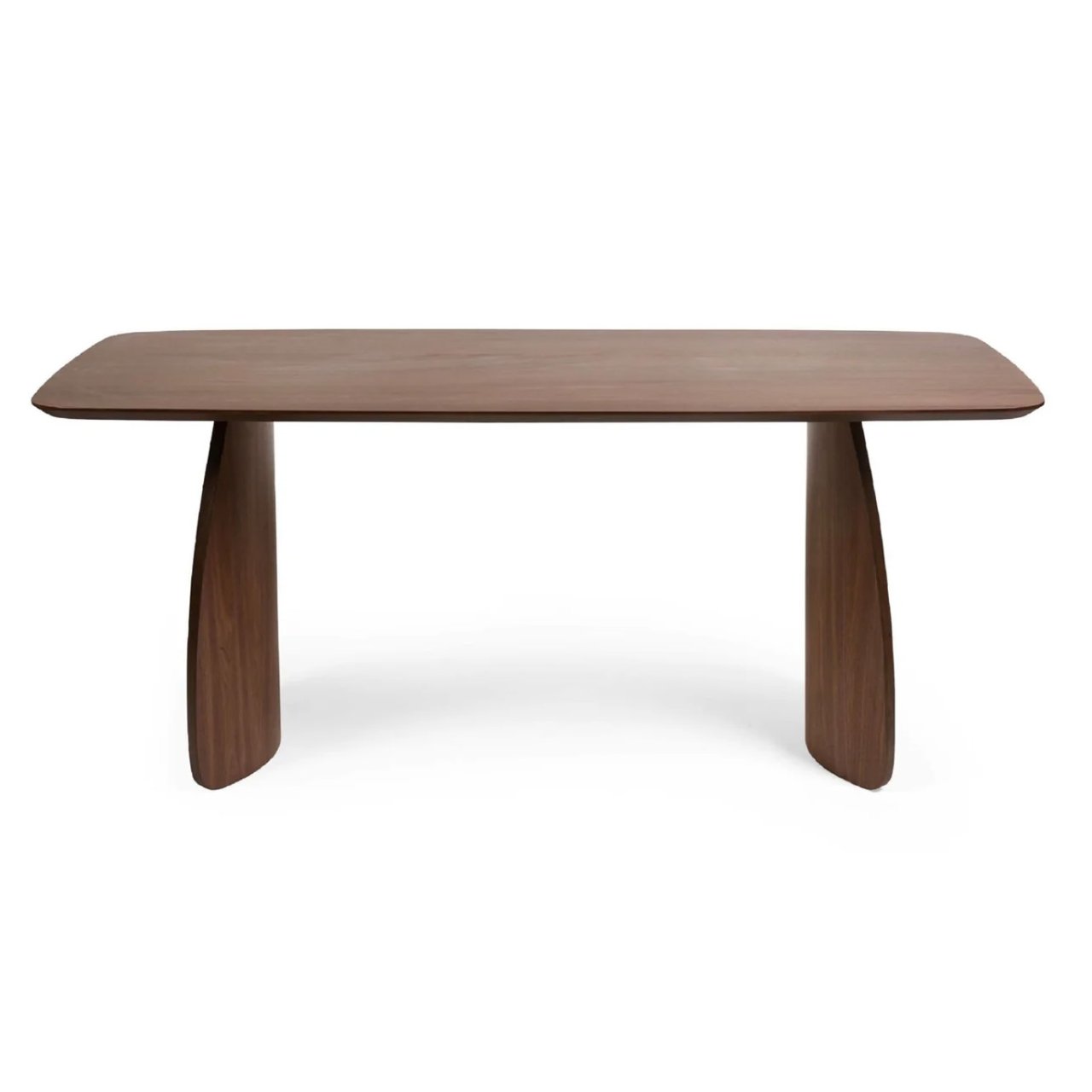 Full view of the walnut Artemi dining table showcasing its rounded corners and the two curved legs which make up its base