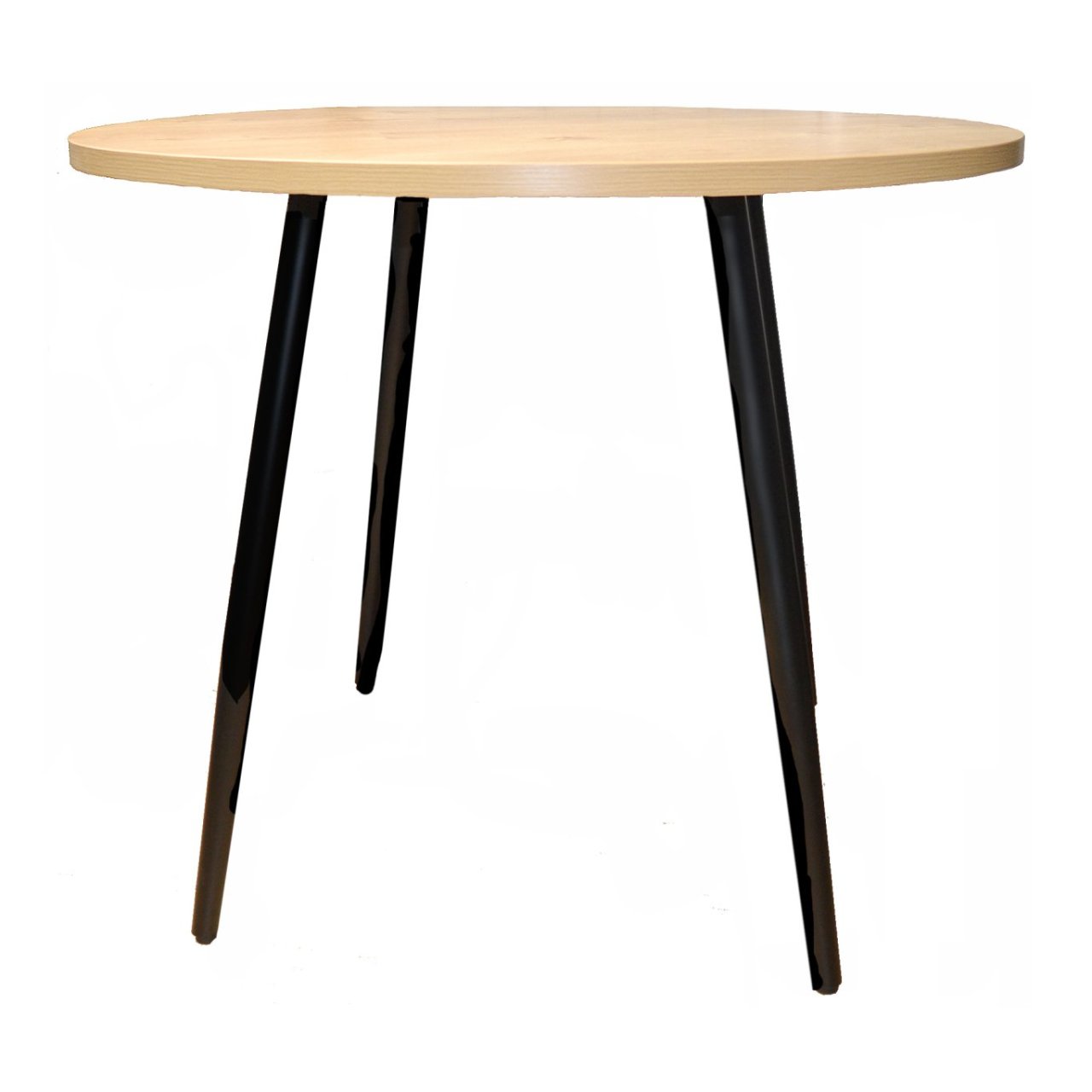 Different view of the round dining table with oak top and black legs