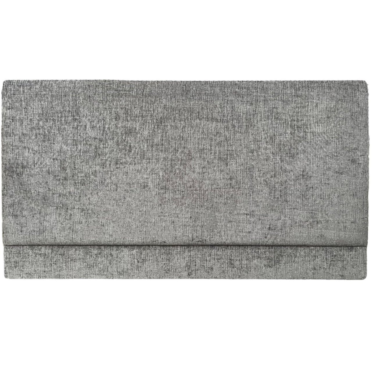 Front view of the Amber headboard upholstered in soft steel-coloured chenille and made up of one uniform padded panel