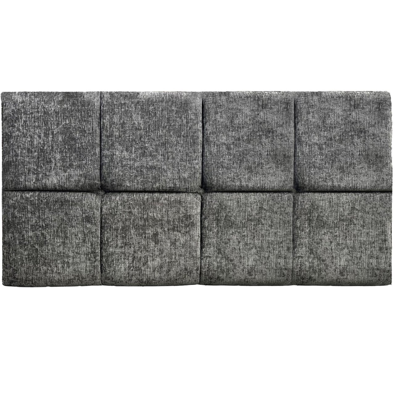 Full view of the panelled grey headboard upholstered in grey fabric with button detail and deep lines between each square panel