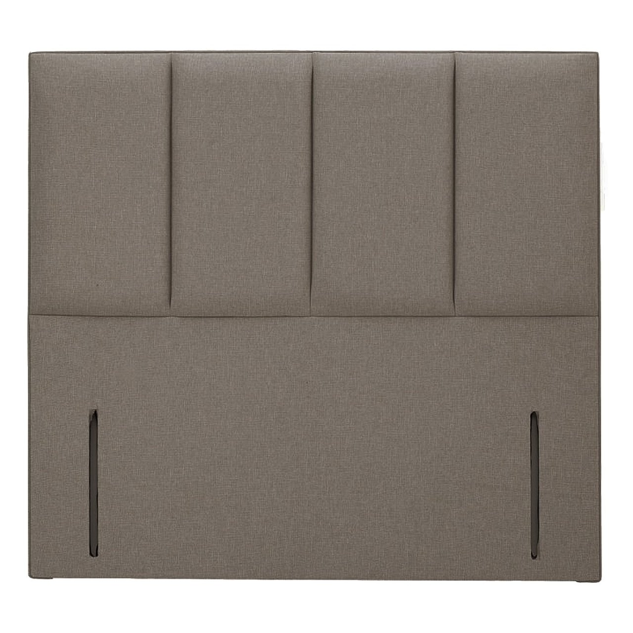 Full view of the double grey headboard with the cut outs for attachment and uncushioned section that will sit behind the bed