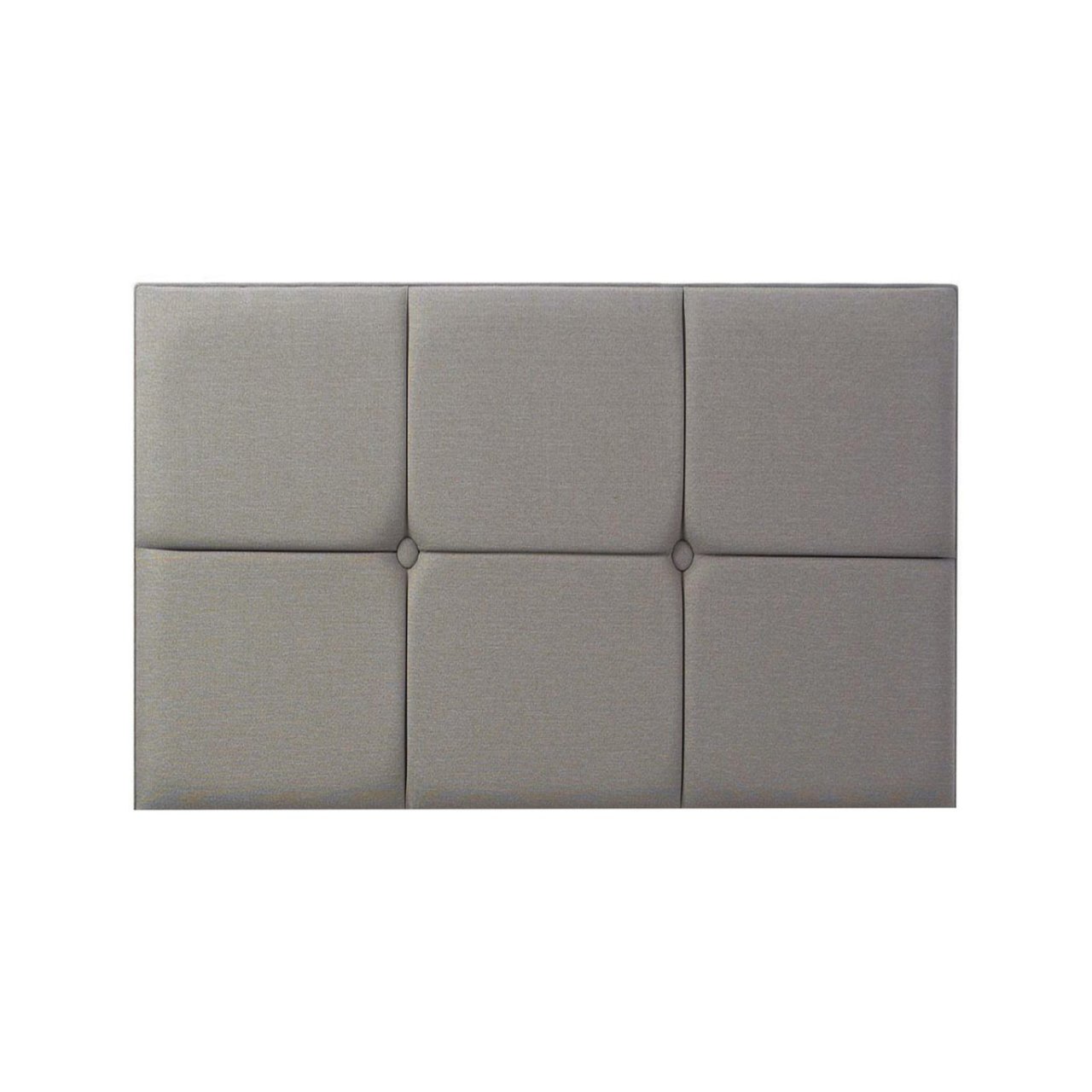 Front view of the grey Sandy Headboard with six rectangular panels and two round buttons in the middle