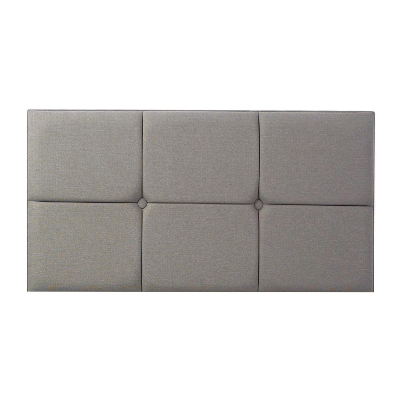 Front view of the grey small double headboard with the deep-sewn buttons displayed prominently between the cushioned panels