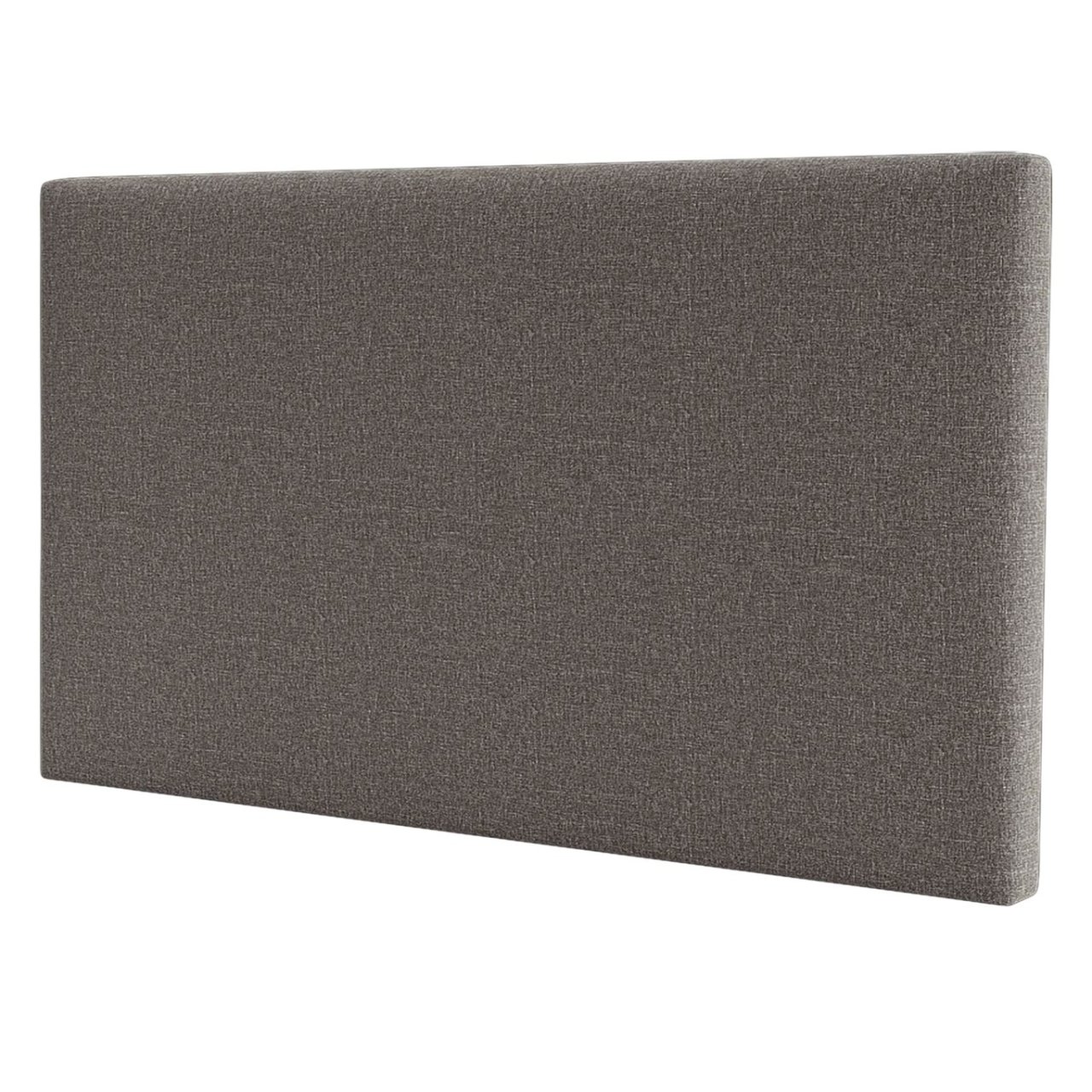 Angled view of the grey headboard showing the depth of the cushioning