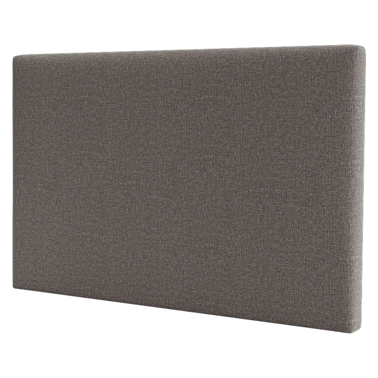 Angled view of the simple headboard upholstered in grey fabric