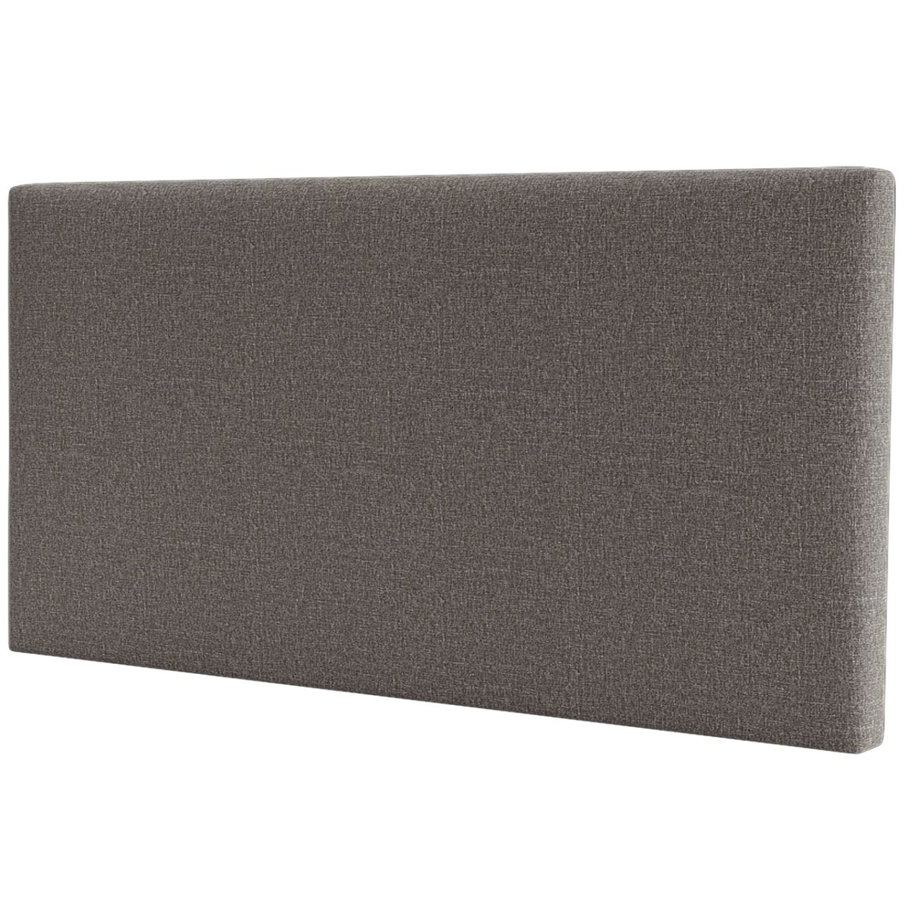 Angled view of the grey upholstered headboard revealing the depth of its cushioning