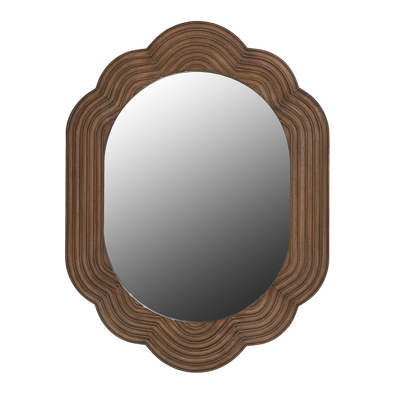 Elliptical mirror in a scalloped wooden frame.