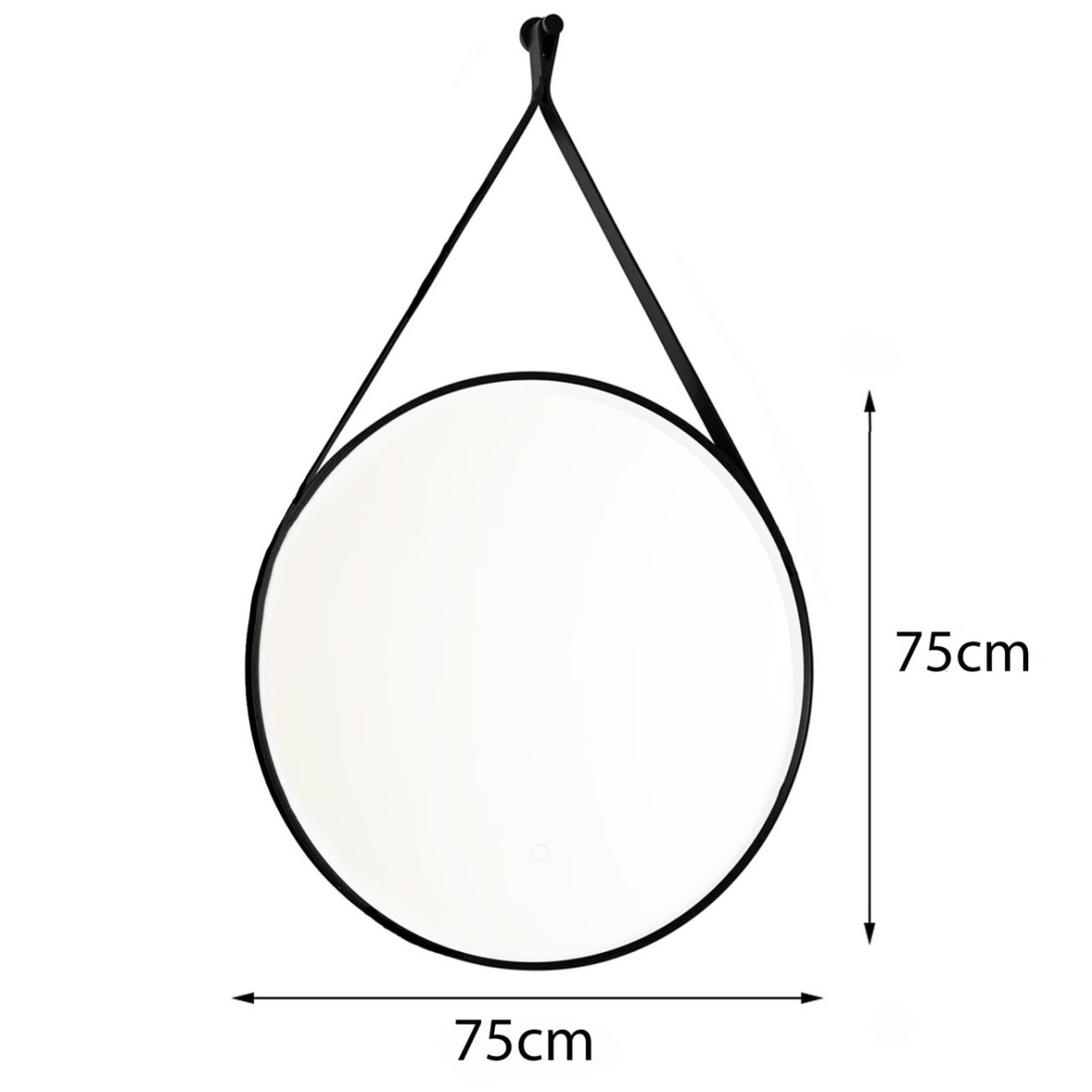 View of the round mirror with measures reading 75cm by 75cm width and height