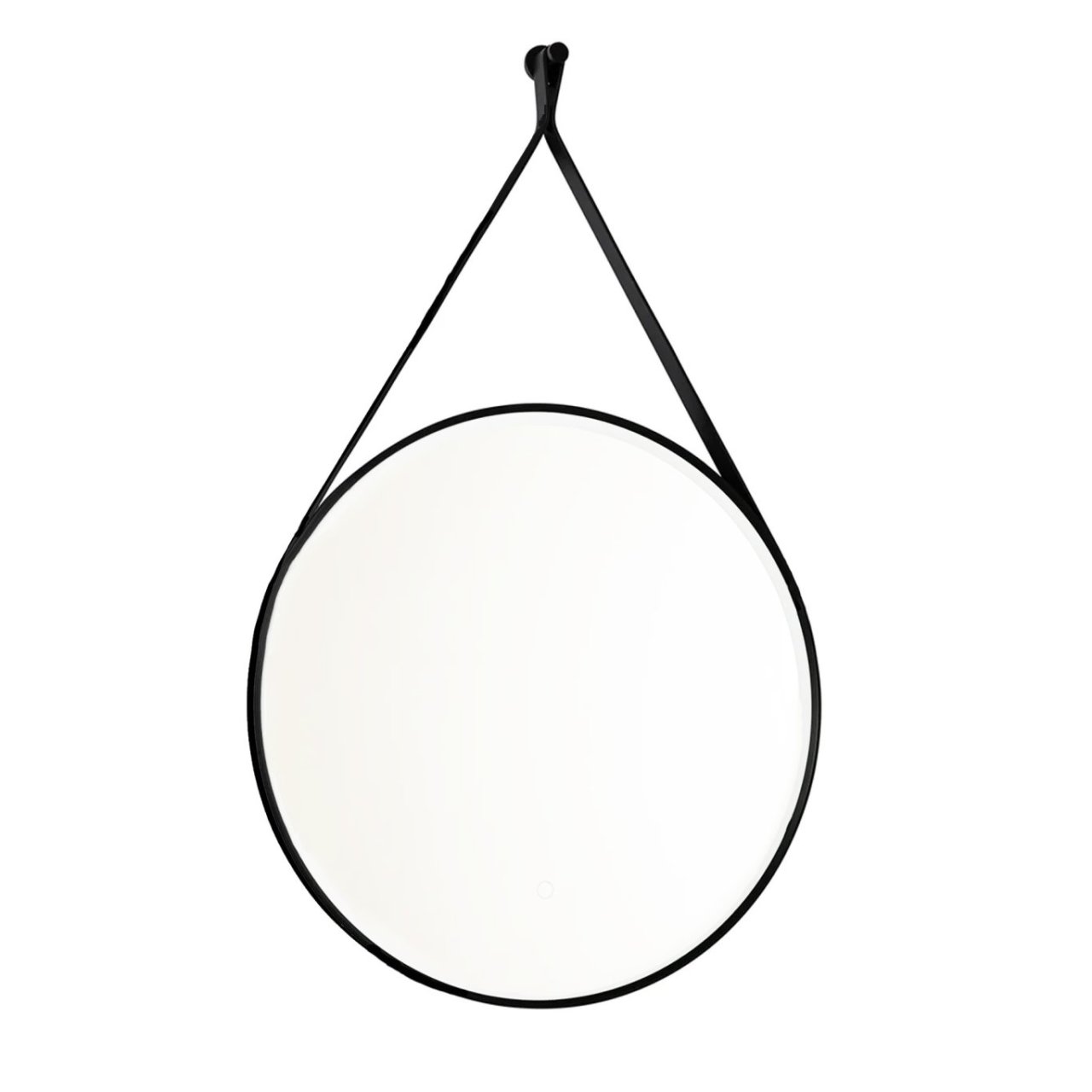 Full view of the round mirror hanging by its strap from a handle