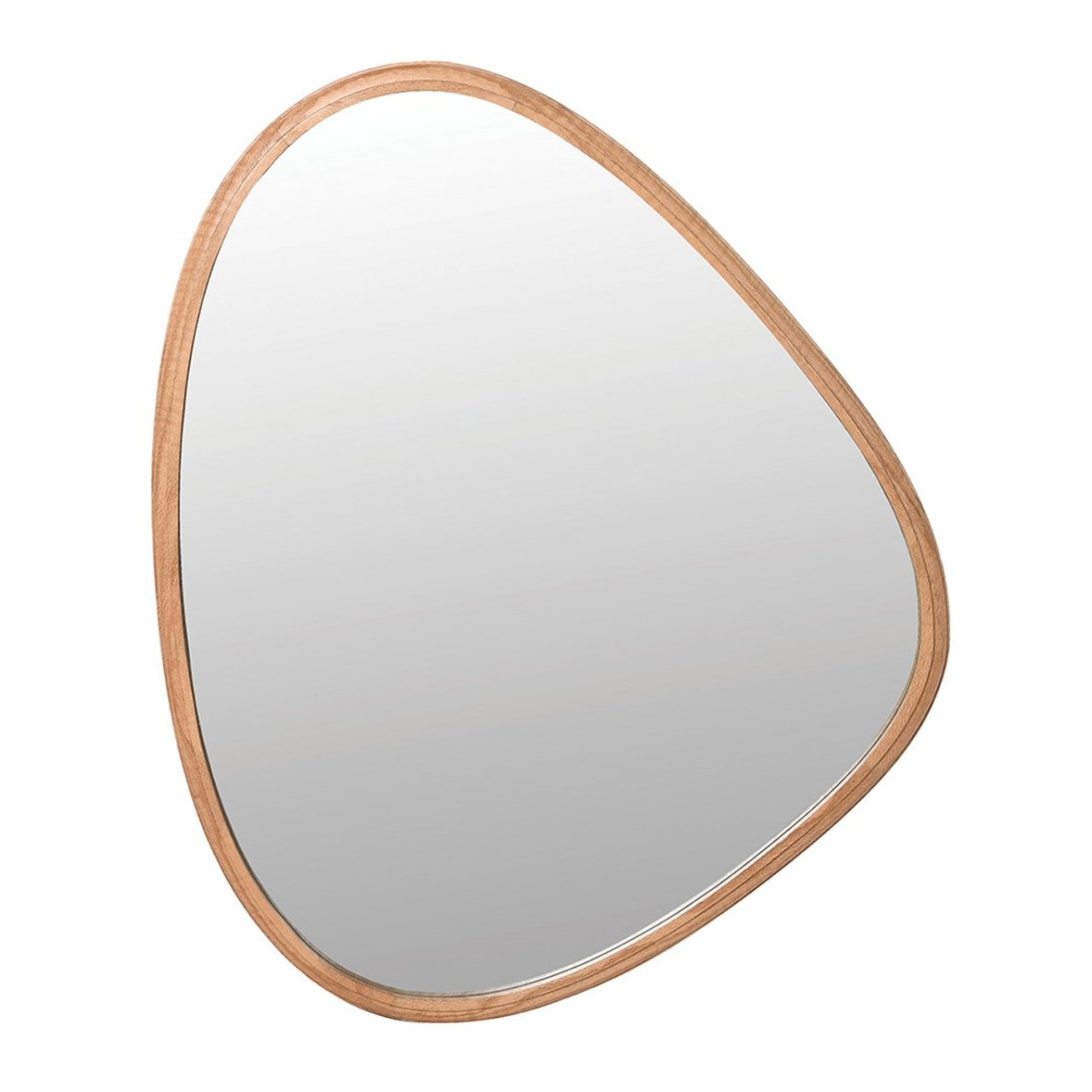 Rounded asymmetrical mirror in a wooden frame
