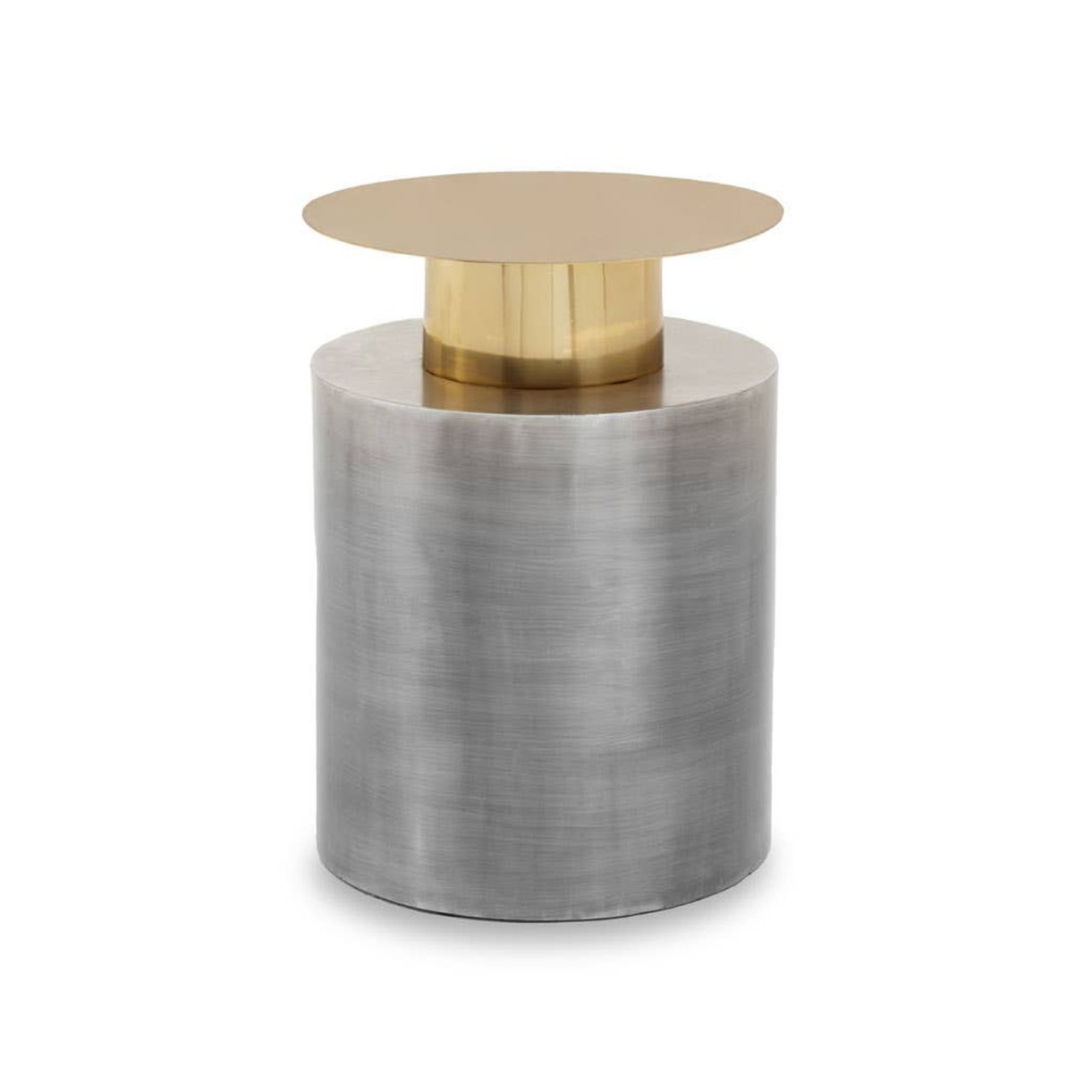 This side table has an atypical look, with a wide solid bottom and a protruding smaller column that holds a plate of metal as wide as the bottom