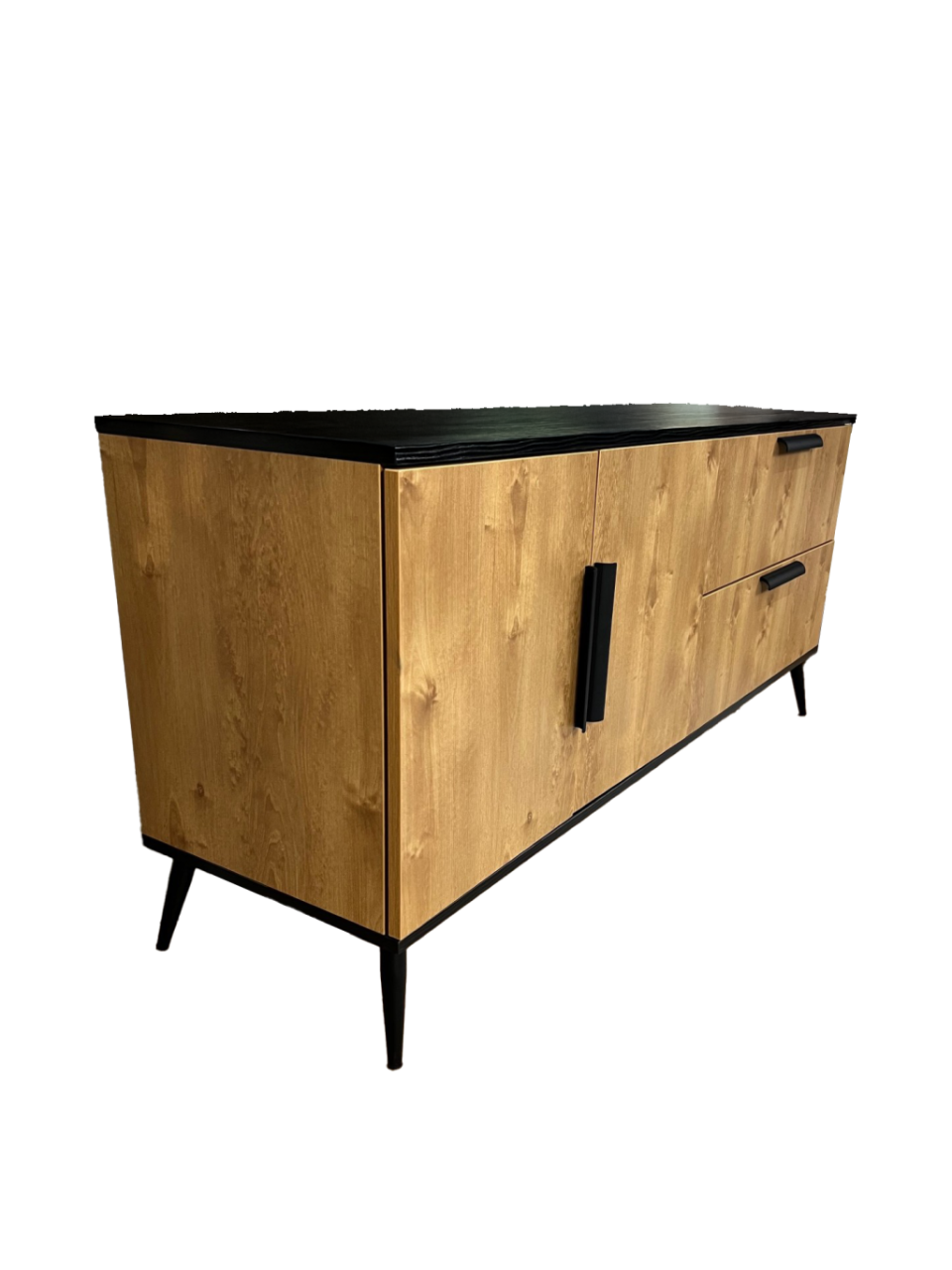 Angled view of the Elene Sideboard showing the width and depth of the unit and its black top