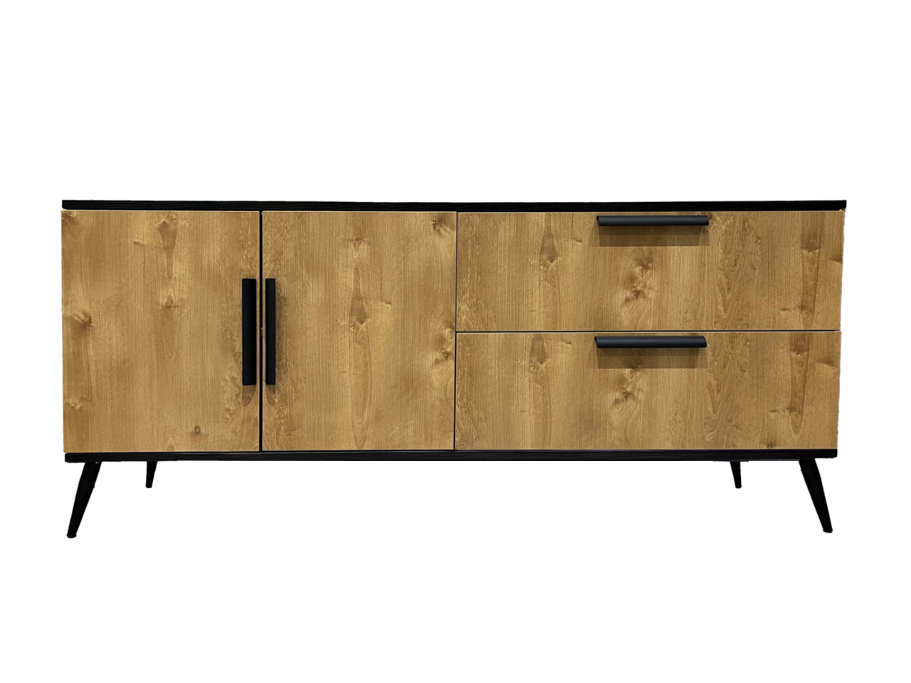 Front view of the Elene Sideboard showcasing its oak veneer doors sandwiched between the black to and bottom. The round black legs taper outward and the long black handles are clearly visible