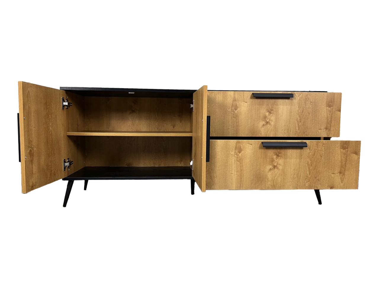 Front view of the Elene Sideboard with the drawers and doors open revealing two shelves inside and an oak interior that matches the colour of the outside doors