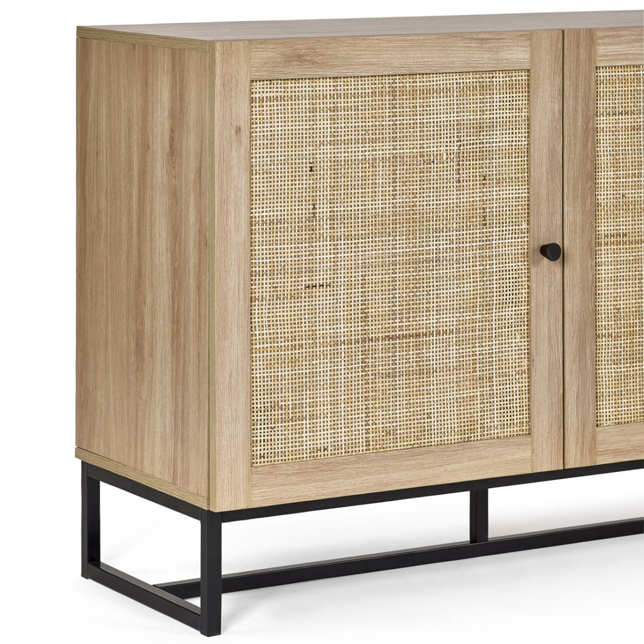 View of the rightmost door of the Padre sideboard. The rattan front is shown in extra detail, creating a visual  intrigue against the oak veneer