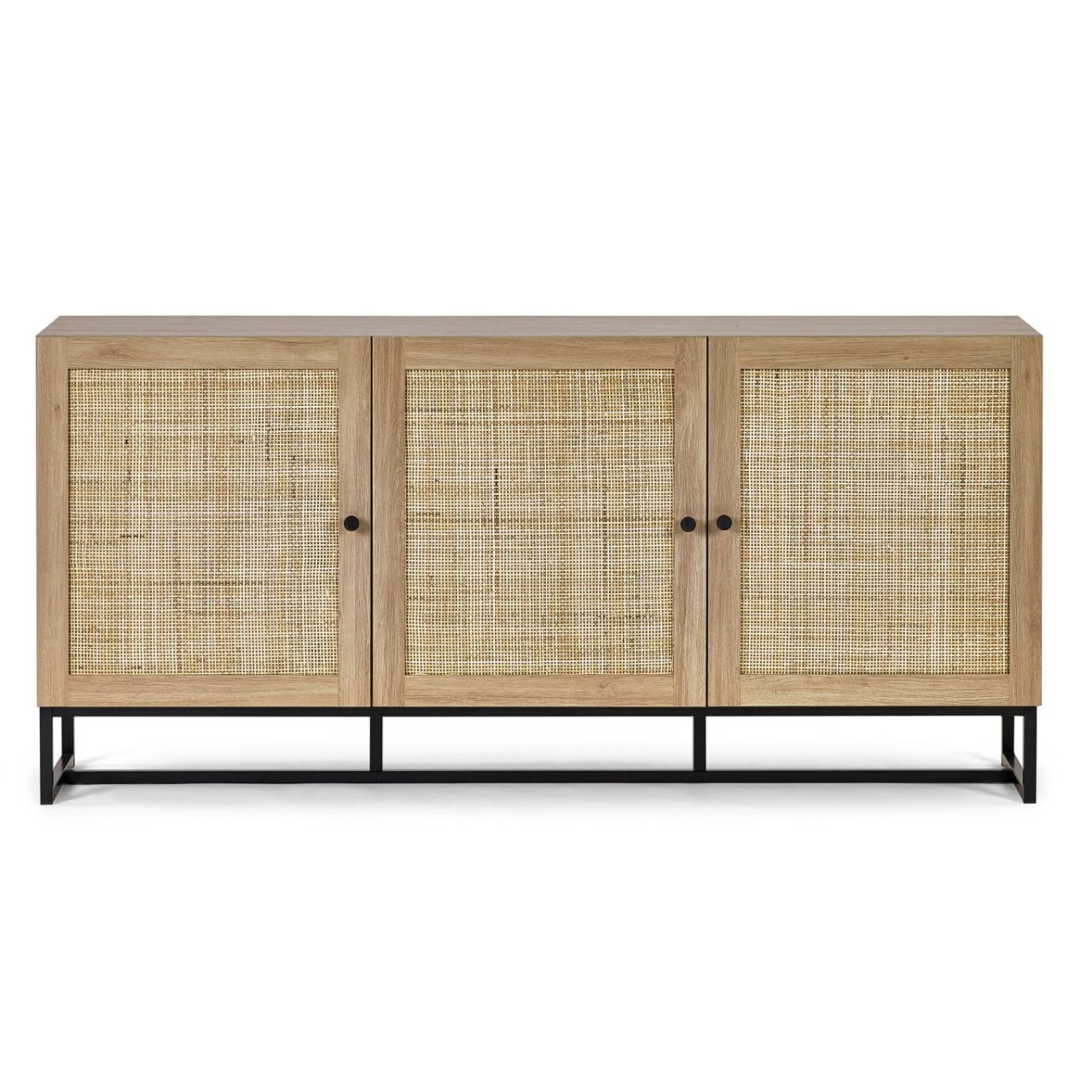 Front view of the Padre Sideboard showcasing its full design with rattan doors and metal legs