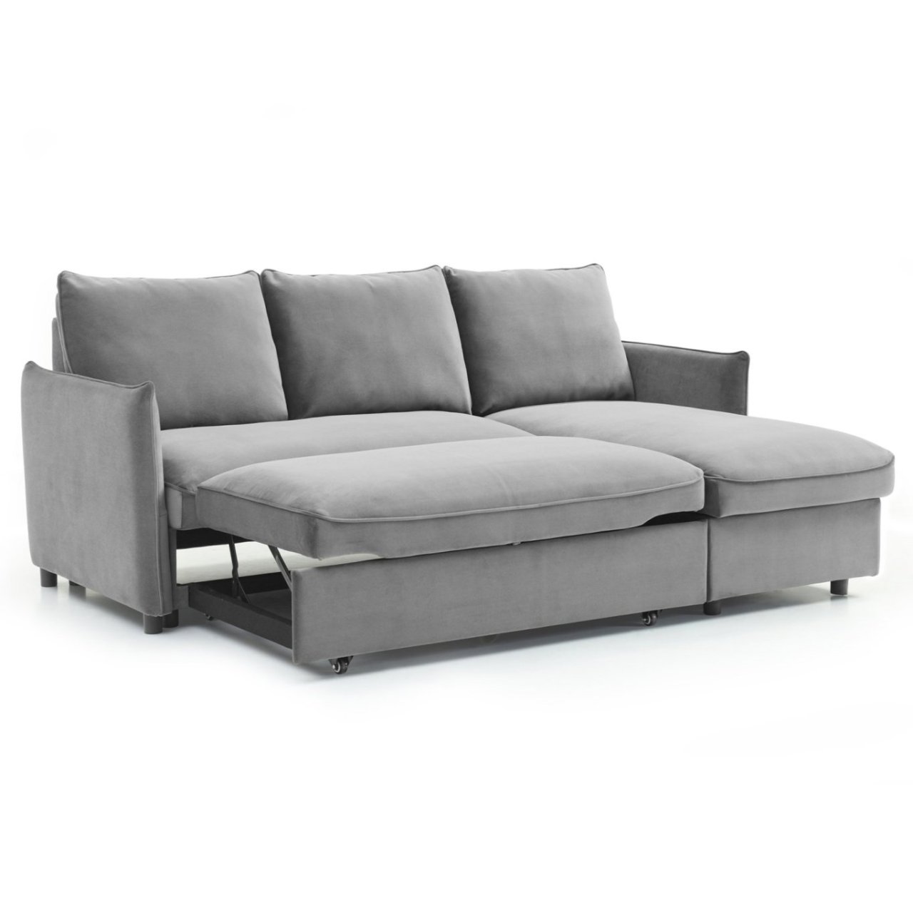 Photo of the pulled out Blake sofa bed showing the pop up mechanism and the wheels that roll it out