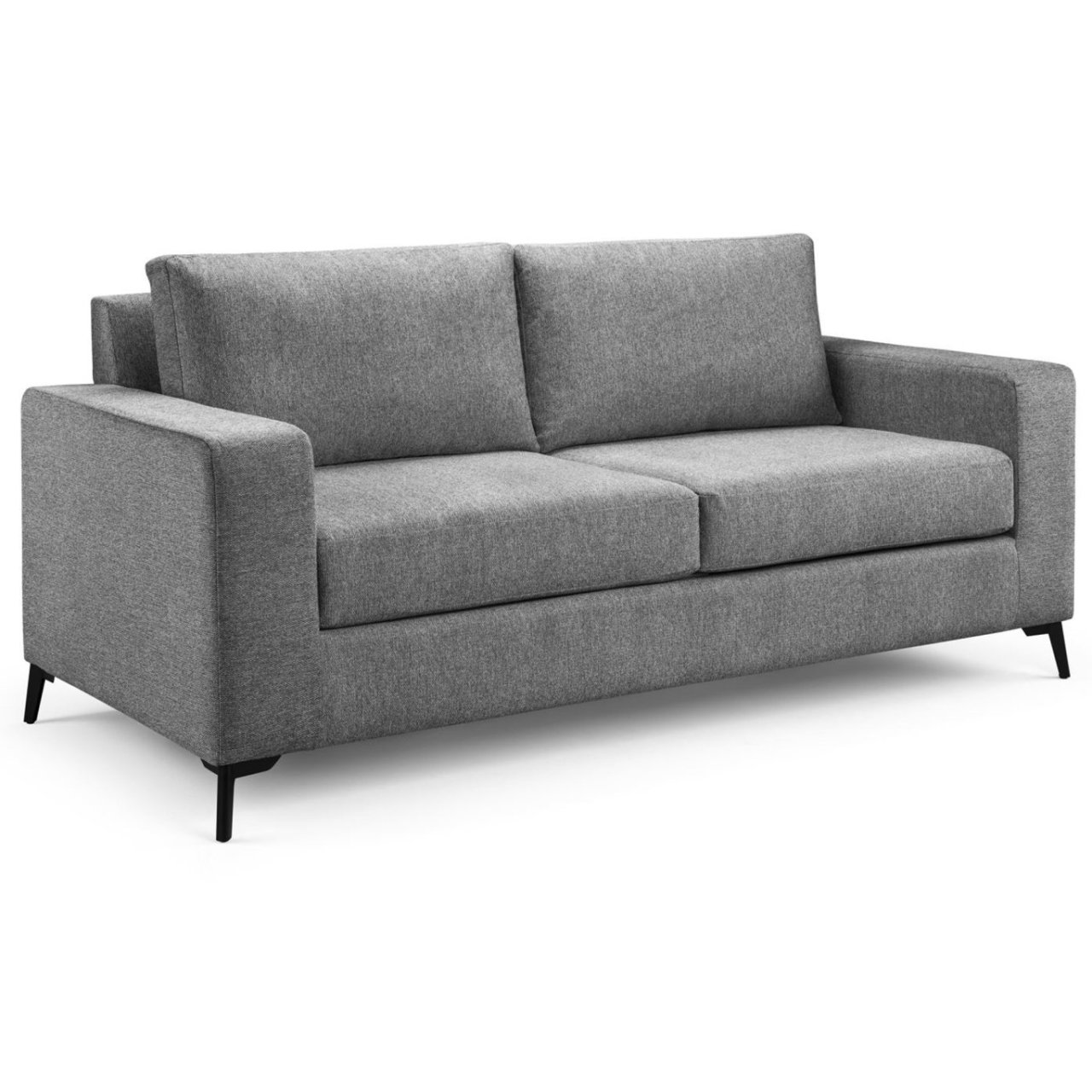 Full picture of a grey, bulky sofa, wiht a rectangular shape and straight lines, deep cushions and a smooth upholstery