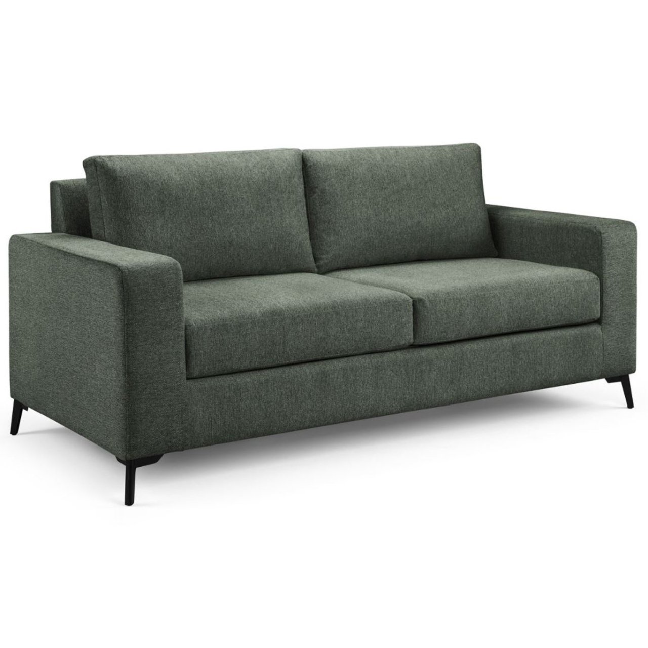 Bulky rectangular sofa covered with smooth olive green fabric with deep cushions and wide armrests