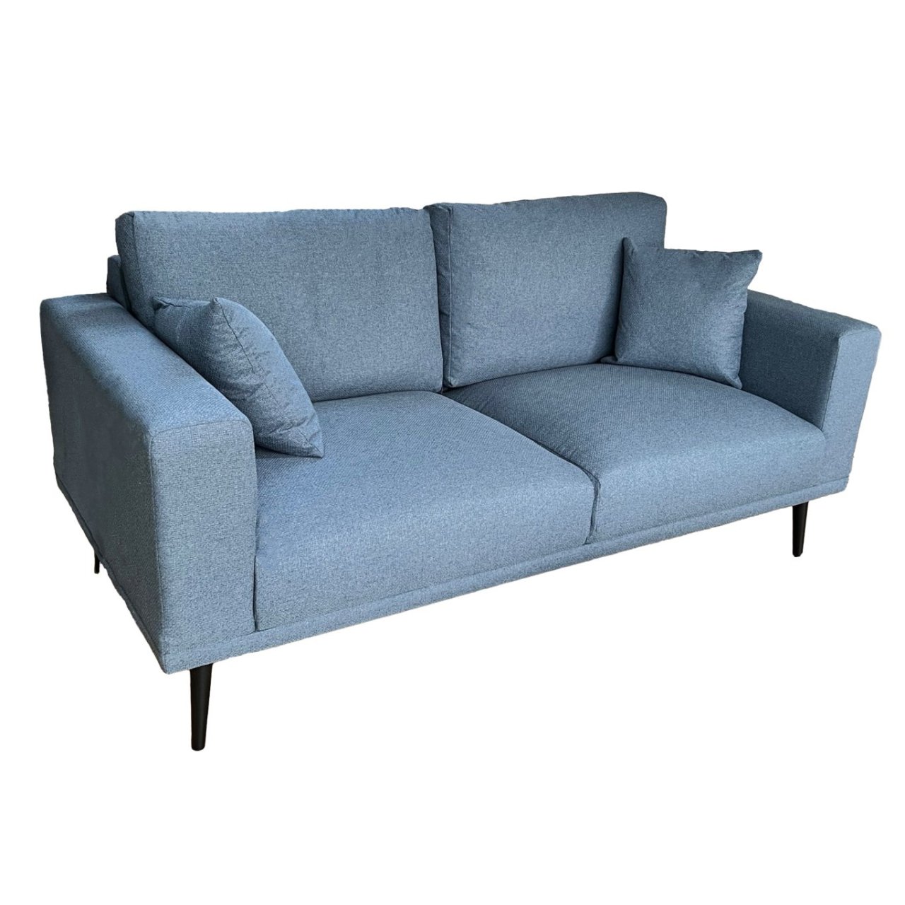 Angled view of the Connie 2 seat sofa highlighting its wide armrests and the backrest cushions