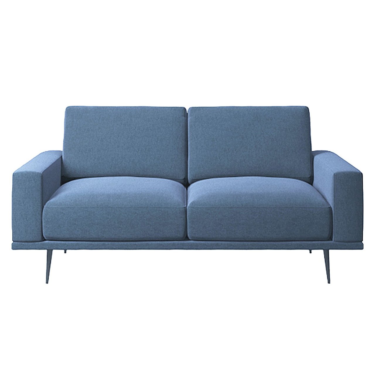 Front view of the Connie 2 seat sofa in blue fabric, showing its deep seat cushions and high backrest and the black tapered legs at the bottom