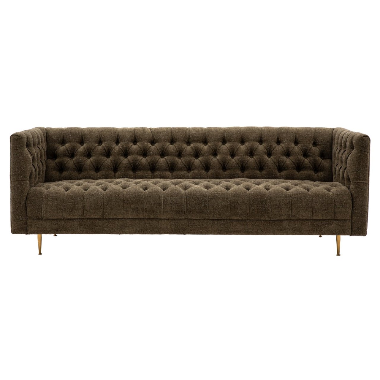 Front view of the buttoned, rectangular Dally 3 Seat sofa in olive chenille