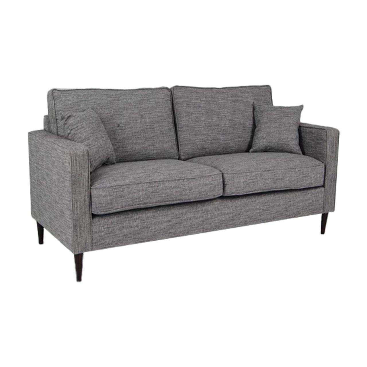Angled view of the Emma 2 seater sofa showcasing the depth of the piece the thick cushions and small throw cushions